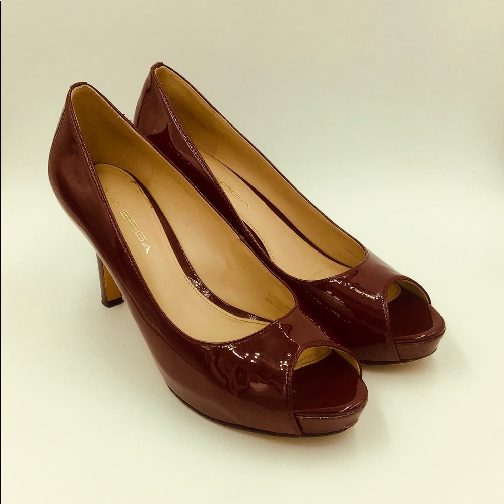 Via Spiga Claret Red Patent Leather Peep Toe Heels